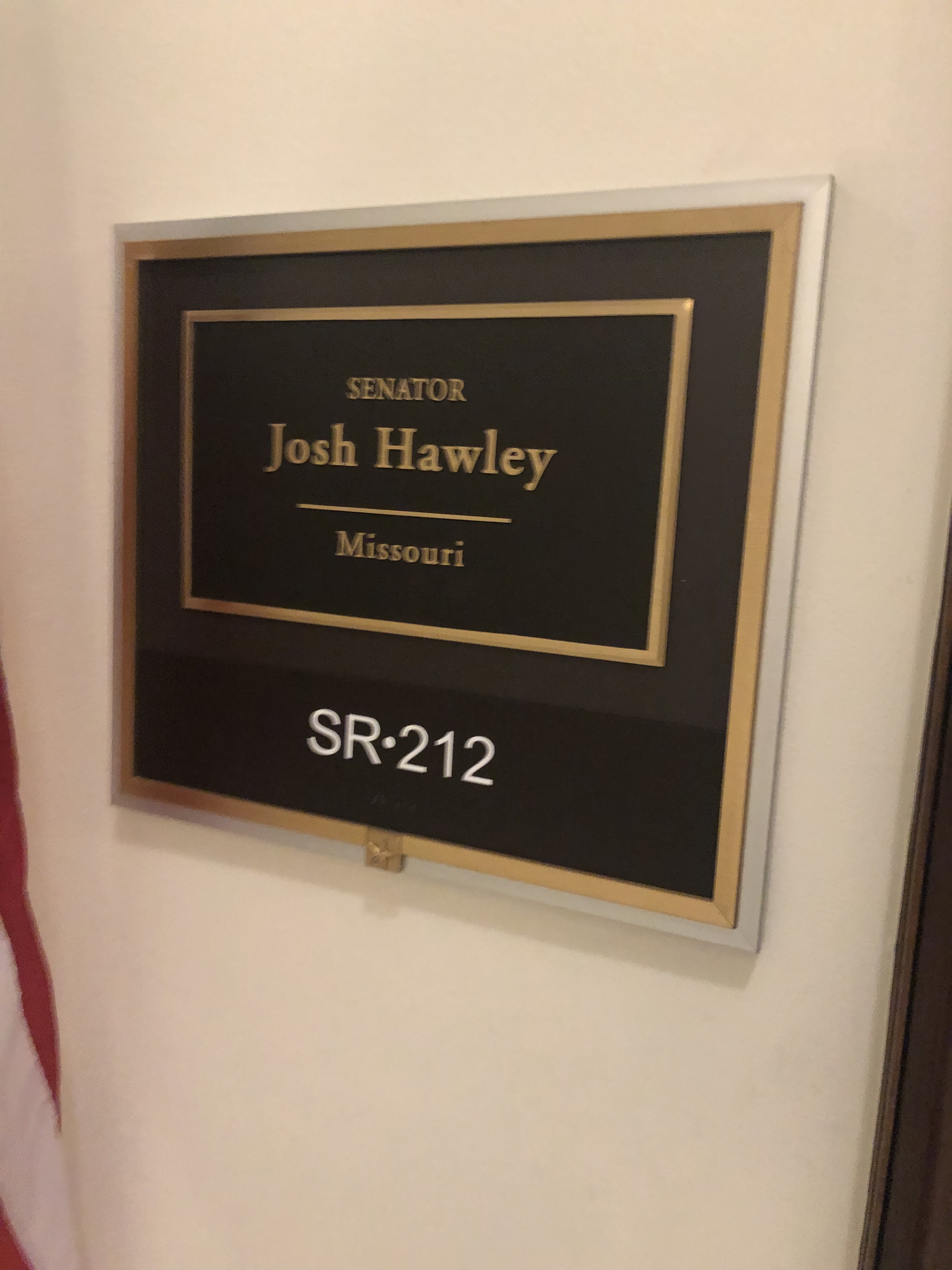 Picture of Sen. Hawley’s office plaque